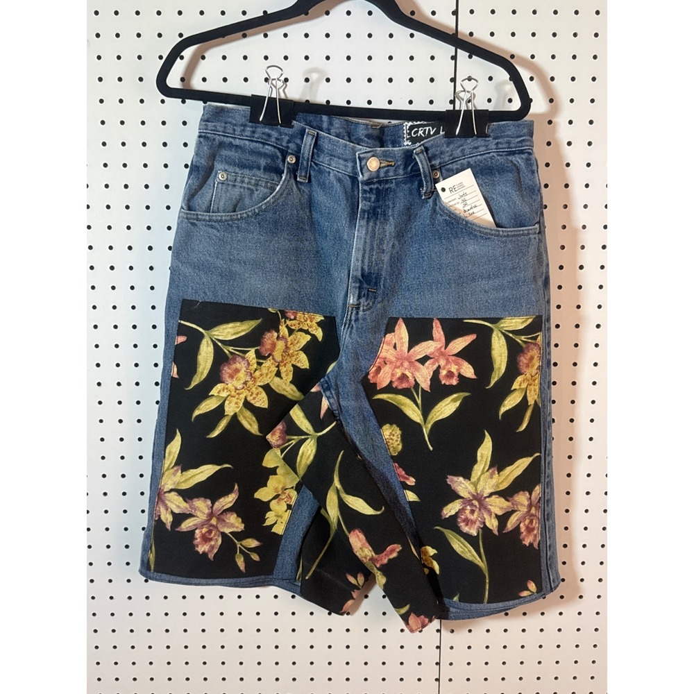 Upcycled Denim Double Knee Jorts Floral Panel Mens 32